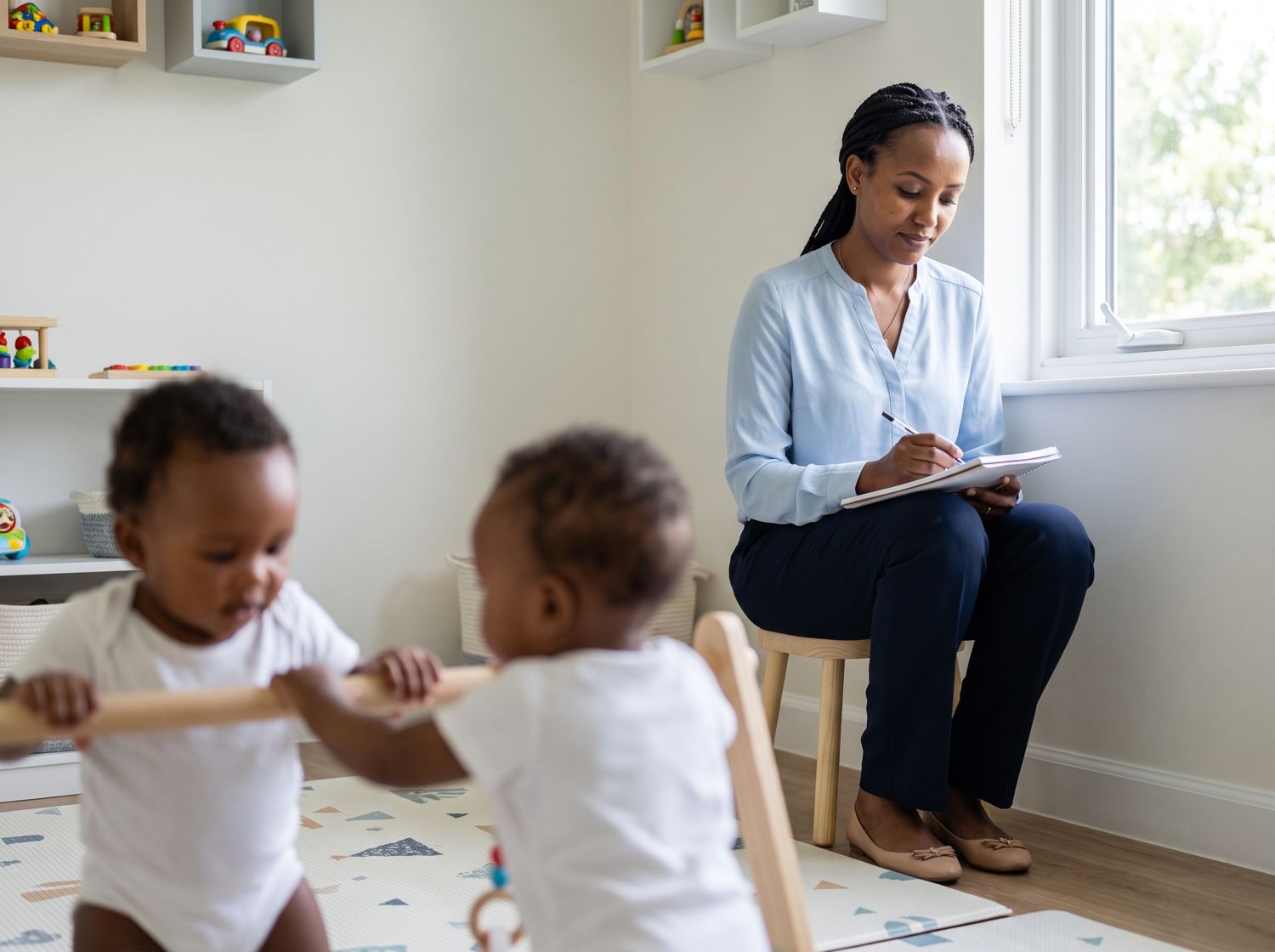 A trainee caregiver observes infants and takes notes