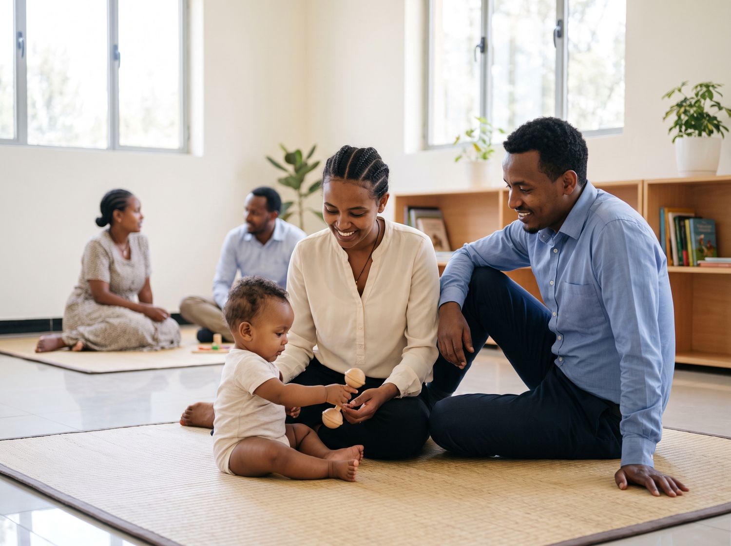 Parents sit on a mat with their baby, who reaches for a wooden rattle